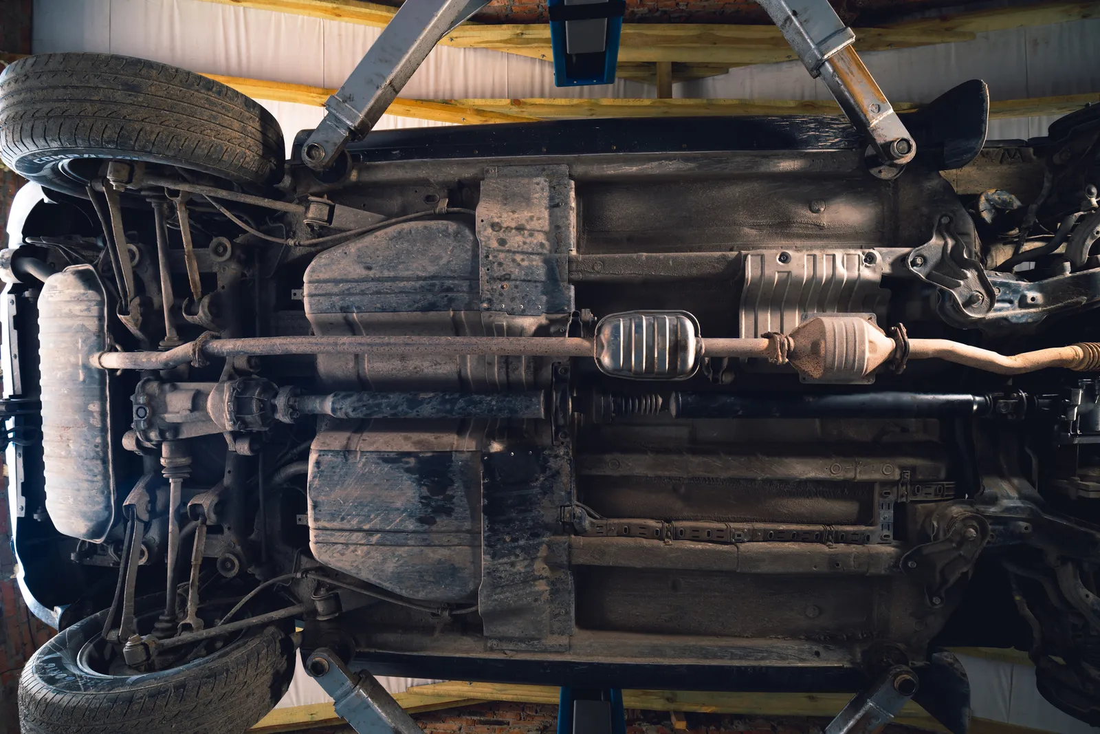 Underside of a lifted car